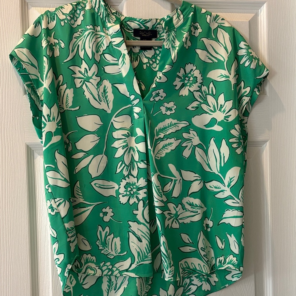 RACHEL Rachel Roy Green Floral Cap Sleeve V-Neck Blouse